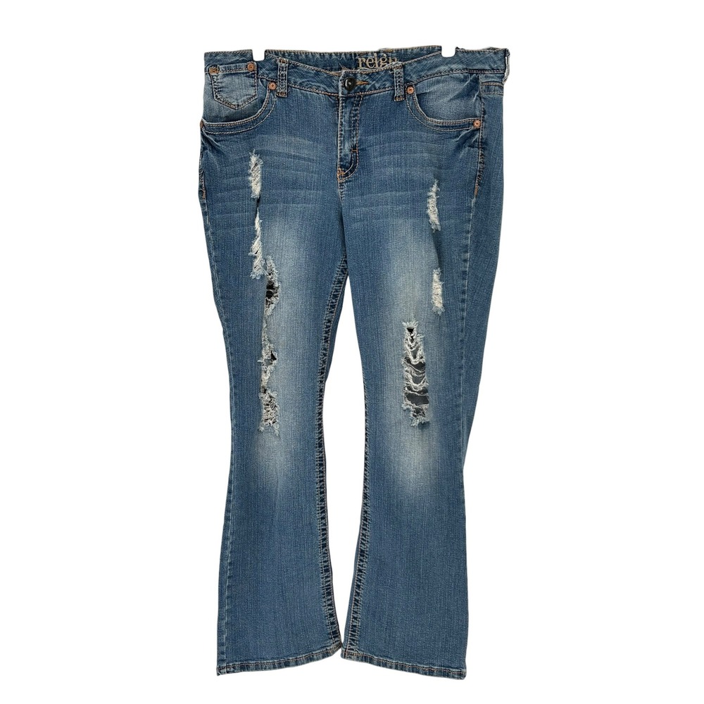 Reign Y2K Bootcut Jeans Blue Distressed Embroidered Pockets 18
